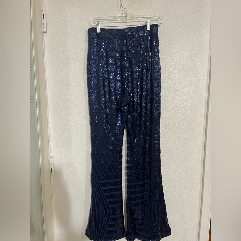 Unbranded navy blue sequin bootleg wide size L 95% polyester pants 11” boot size - Picture 4 of 5